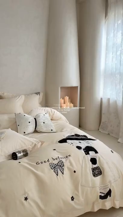 91家纺网 家纺一手货源 找家纺 优悦生活馆 2026新款全棉贴布绣四件套-喵喵小香风 喵喵小香风-米色