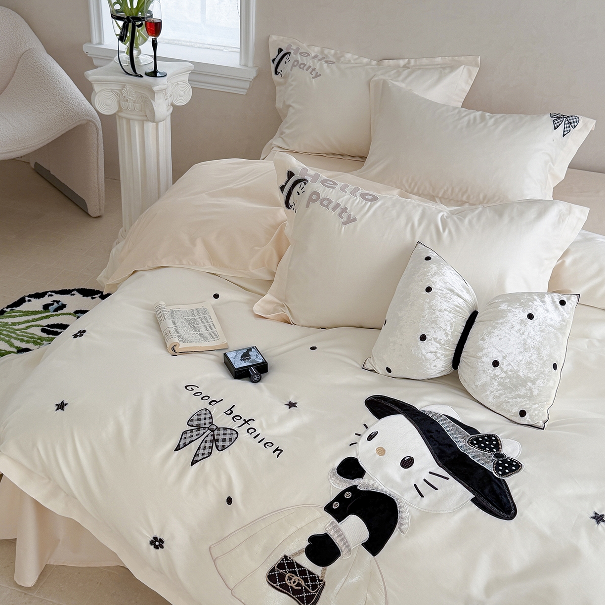 91家纺网 家纺一手货源 找家纺 优悦生活馆 2026新款全棉贴布绣四件套-喵喵小香风 喵喵小香风-白