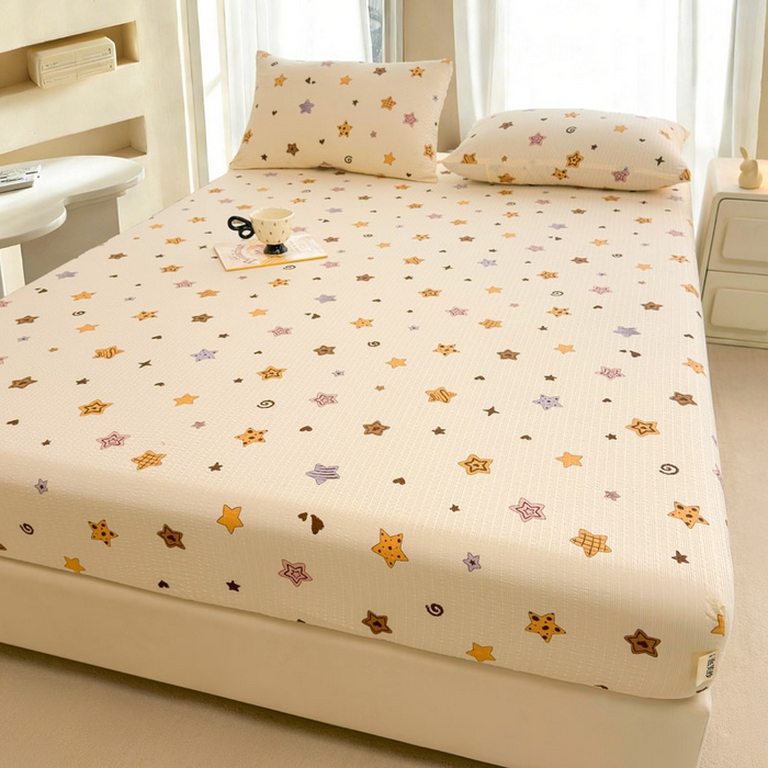 91家纺网 家纺一手货源 找家纺 几禾 2026新款高克重泡芙纱~印花款（单床笠）浅糯系列-110g CL浅糯-逢星岛