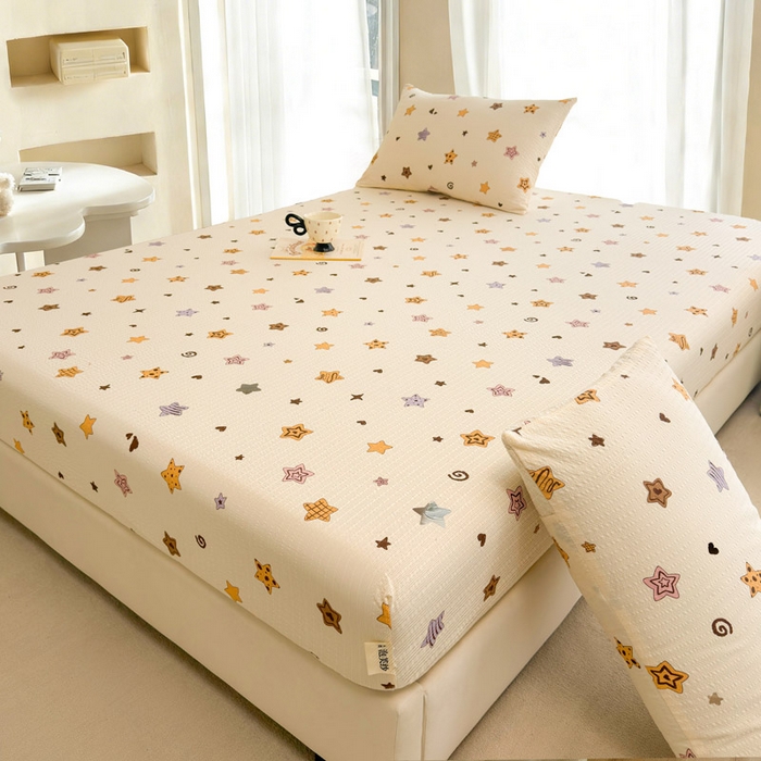 91家纺网 家纺一手货源 找家纺 几禾 2026新款高克重泡芙纱~印花款（单床笠）浅糯系列-110g CL浅糯-逢星岛