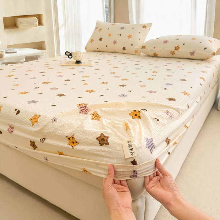 91家纺网 家纺一手货源 找家纺 几禾 2026新款高克重泡芙纱~印花款（单床笠）浅糯系列-110g CL浅糯-逢星岛