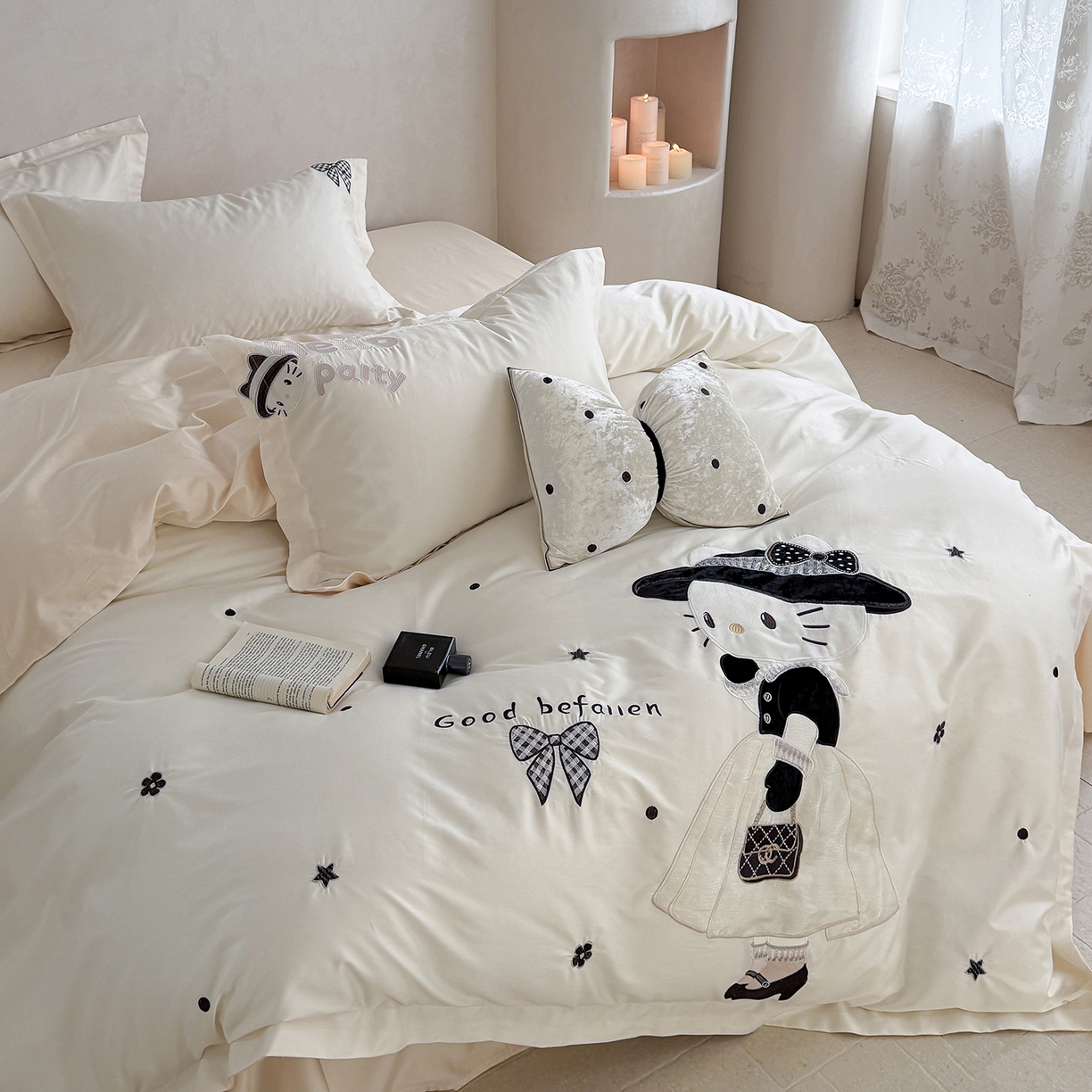 91家纺网 家纺一手货源 找家纺 优悦生活馆 2026新款全棉贴布绣四件套-喵喵小香风 喵喵小香风-白