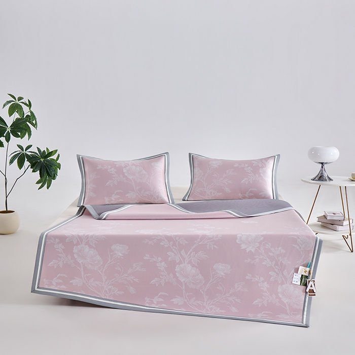 91家纺网 家纺一手货源 找家纺 小牛席业 2026新款牡丹清凉大提花冰丝席凉席席子 粉色