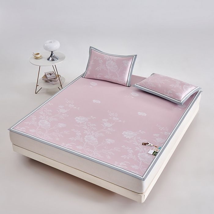 91家纺网 家纺一手货源 找家纺 小牛席业 2026新款牡丹清凉大提花冰丝席凉席席子 粉色