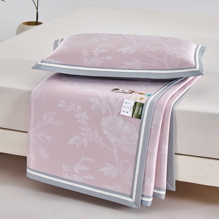 91家纺网 家纺一手货源 找家纺 小牛席业 2026新款牡丹清凉大提花冰丝席凉席席子 粉色