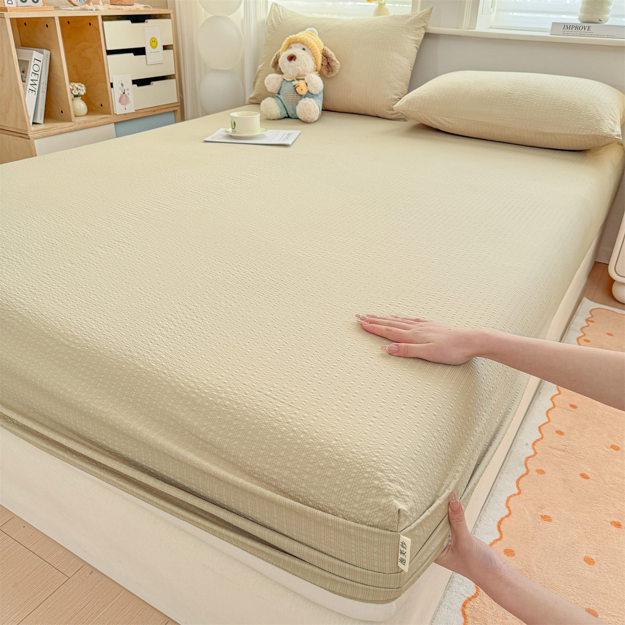 女子家纺 2026新款亲肤泡芙纱印花床笠单床笠床笠单件 米杏色