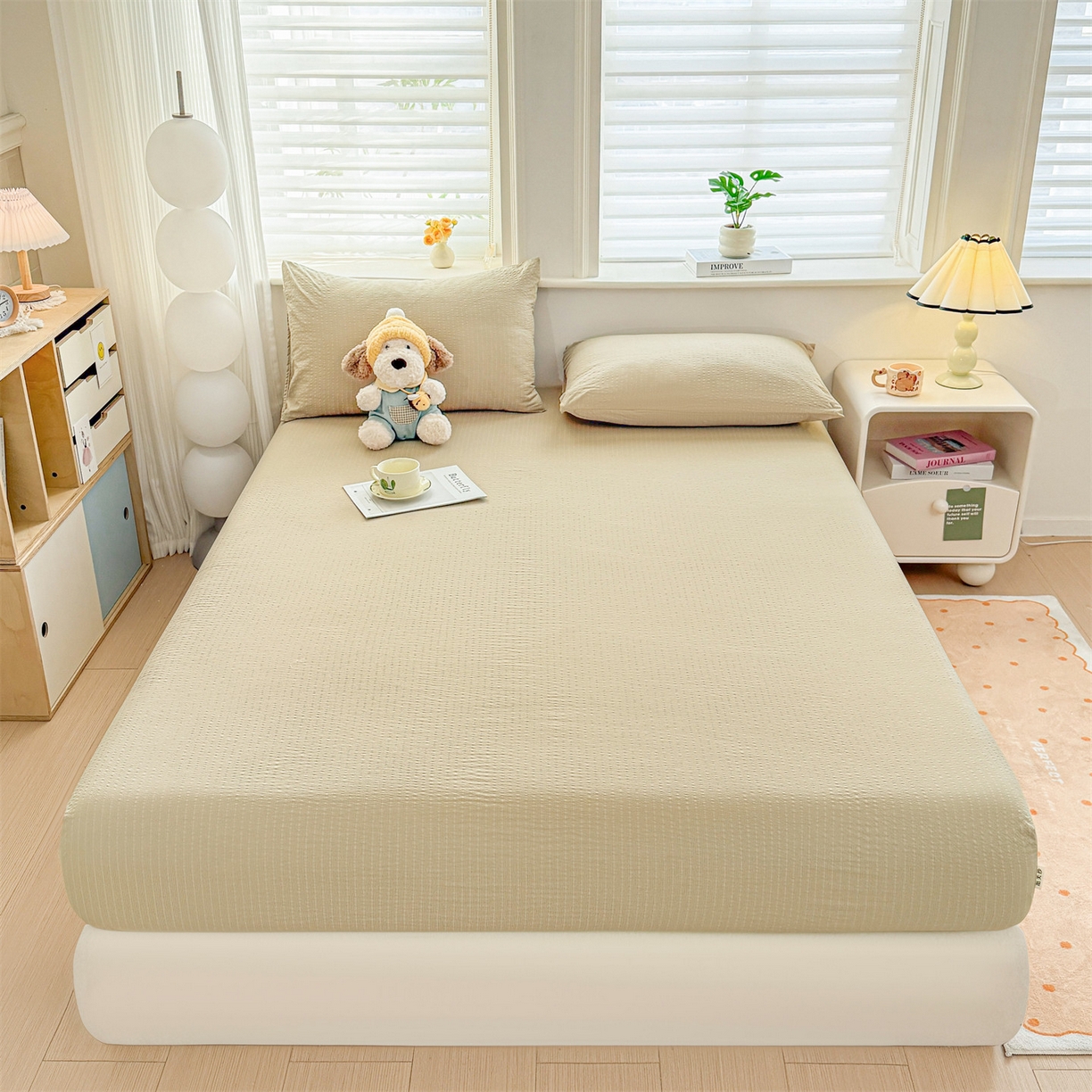 91家纺网 家纺一手货源 找家纺 女子家纺 2026新款亲肤泡芙纱印花床笠单床笠床笠单件 米杏色