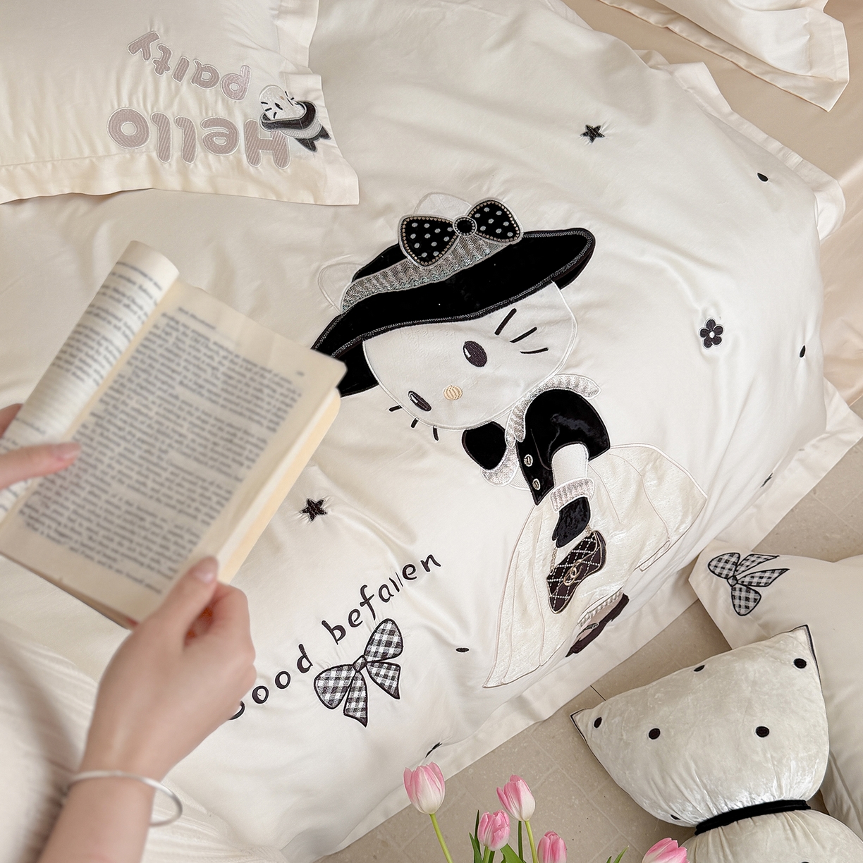 91家纺网 家纺一手货源 找家纺 优悦生活馆 2026新款全棉贴布绣四件套-喵喵小香风 喵喵小香风-白