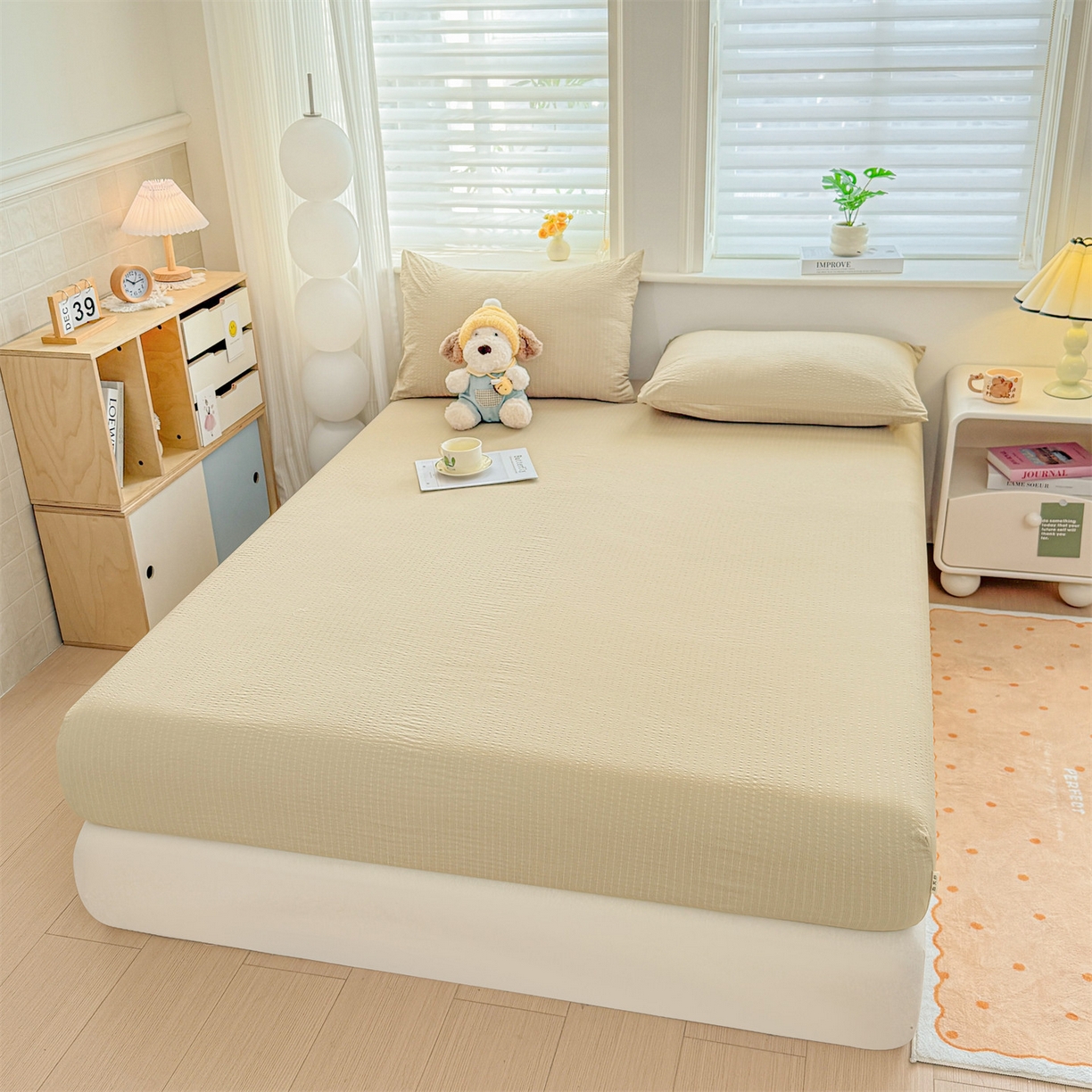 91家纺网 家纺一手货源 找家纺 女子家纺 2026新款亲肤泡芙纱印花床笠单床笠床笠单件 米杏色