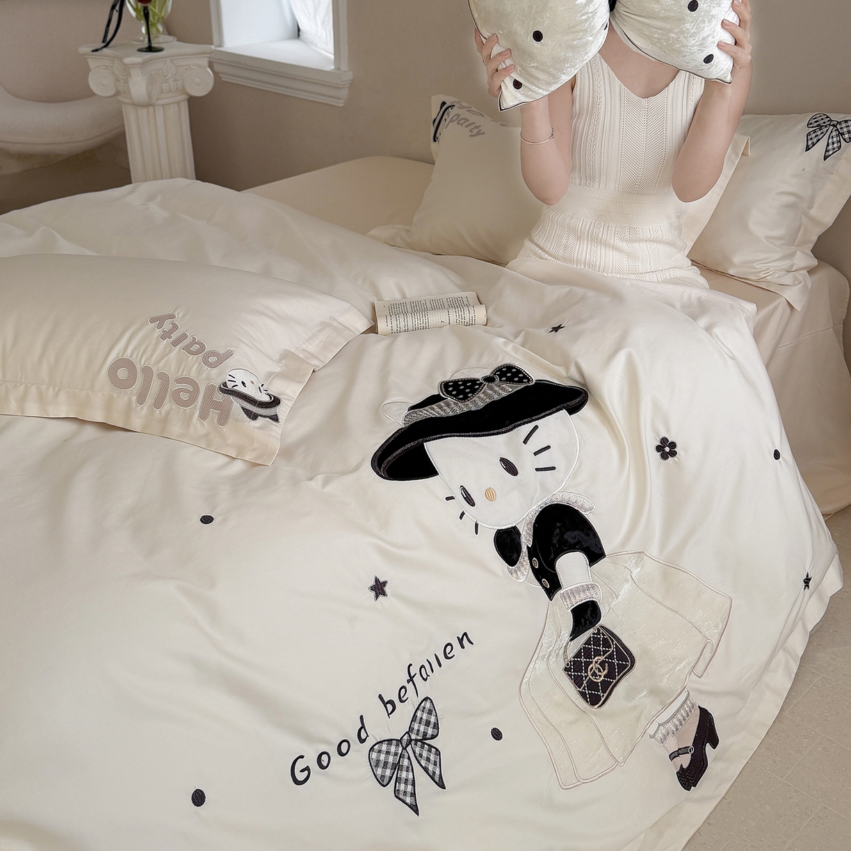 91家纺网 家纺一手货源 找家纺 优悦生活馆 2026新款全棉贴布绣四件套-喵喵小香风 喵喵小香风-白