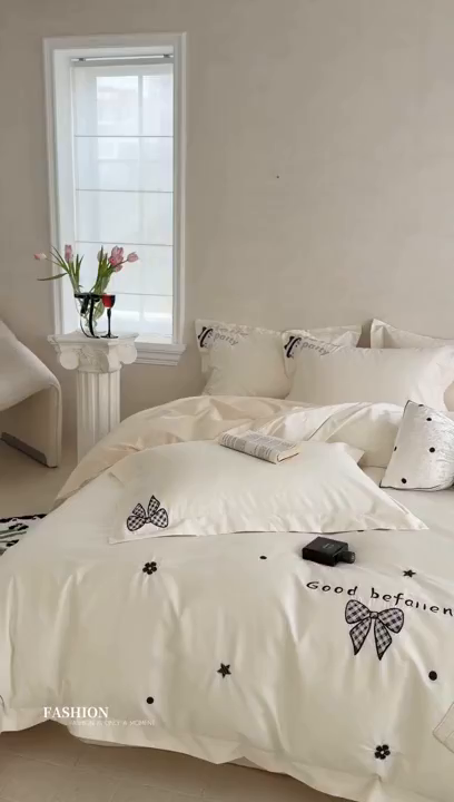 91家纺网 家纺一手货源 找家纺 优悦生活馆 2026新款全棉贴布绣四件套-喵喵小香风 喵喵小香风-白