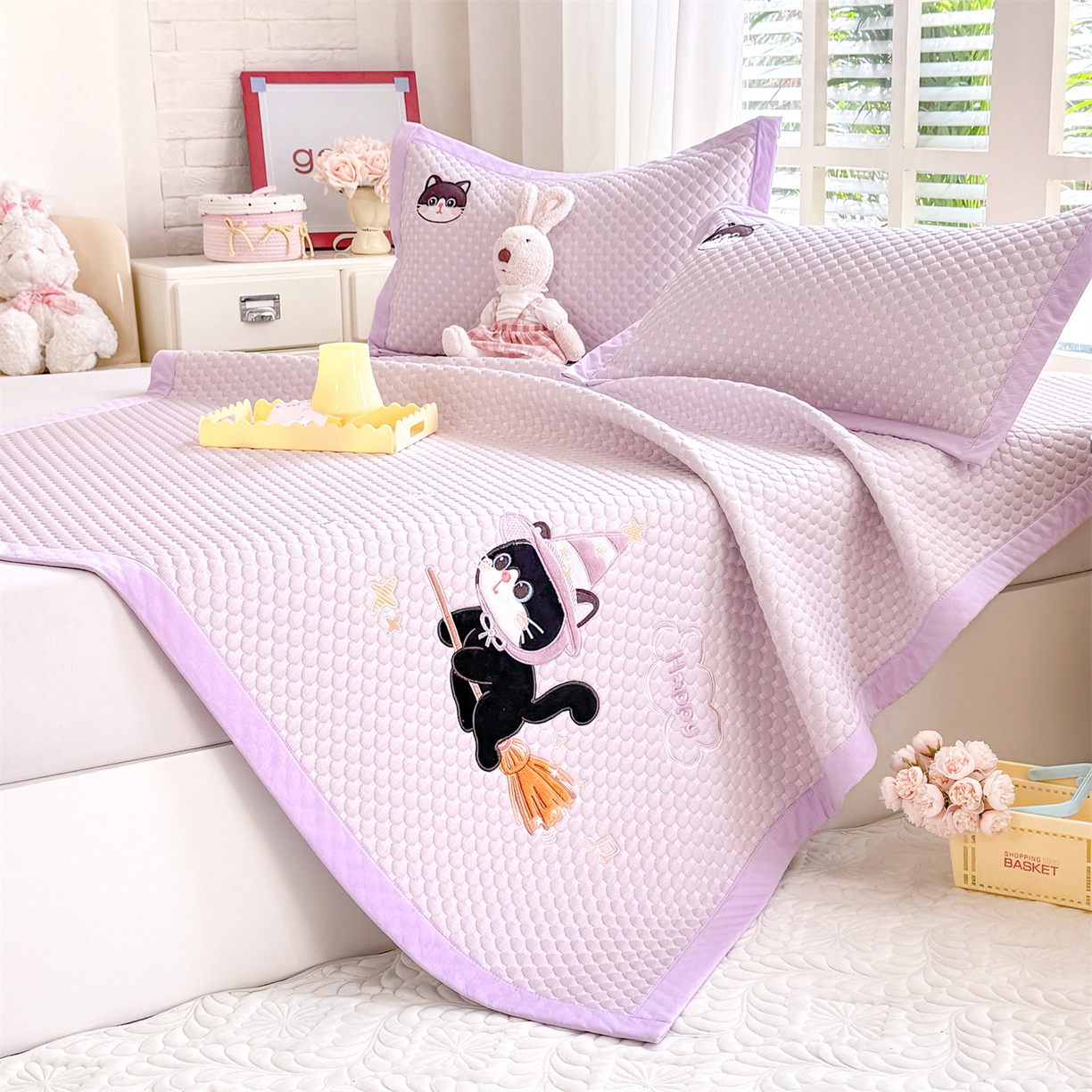 91家纺网 家纺一手货源 找家纺 优贝家纺 2026新款高克重PE聚乙中分子复合凉感软席贴布绣凉席三件套 黑猫警长