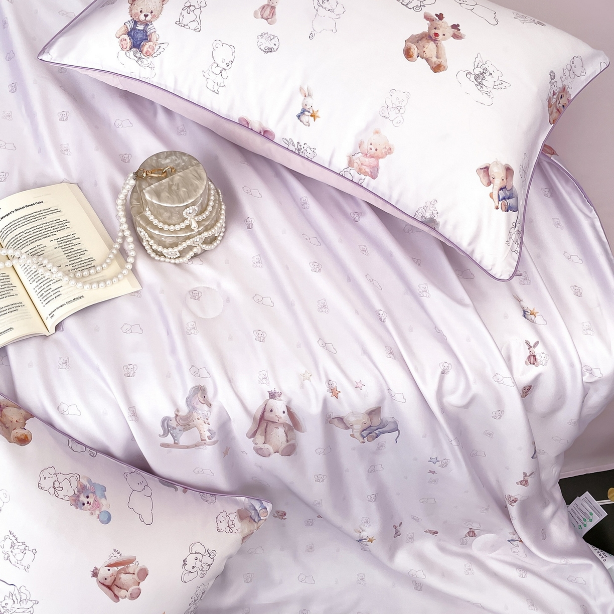 91家纺网 家纺一手货源 找家纺 慕晨 2026新款莱赛尔数码印高级简奢卡通大版印花丝滑夏被四件套 木马象--紫