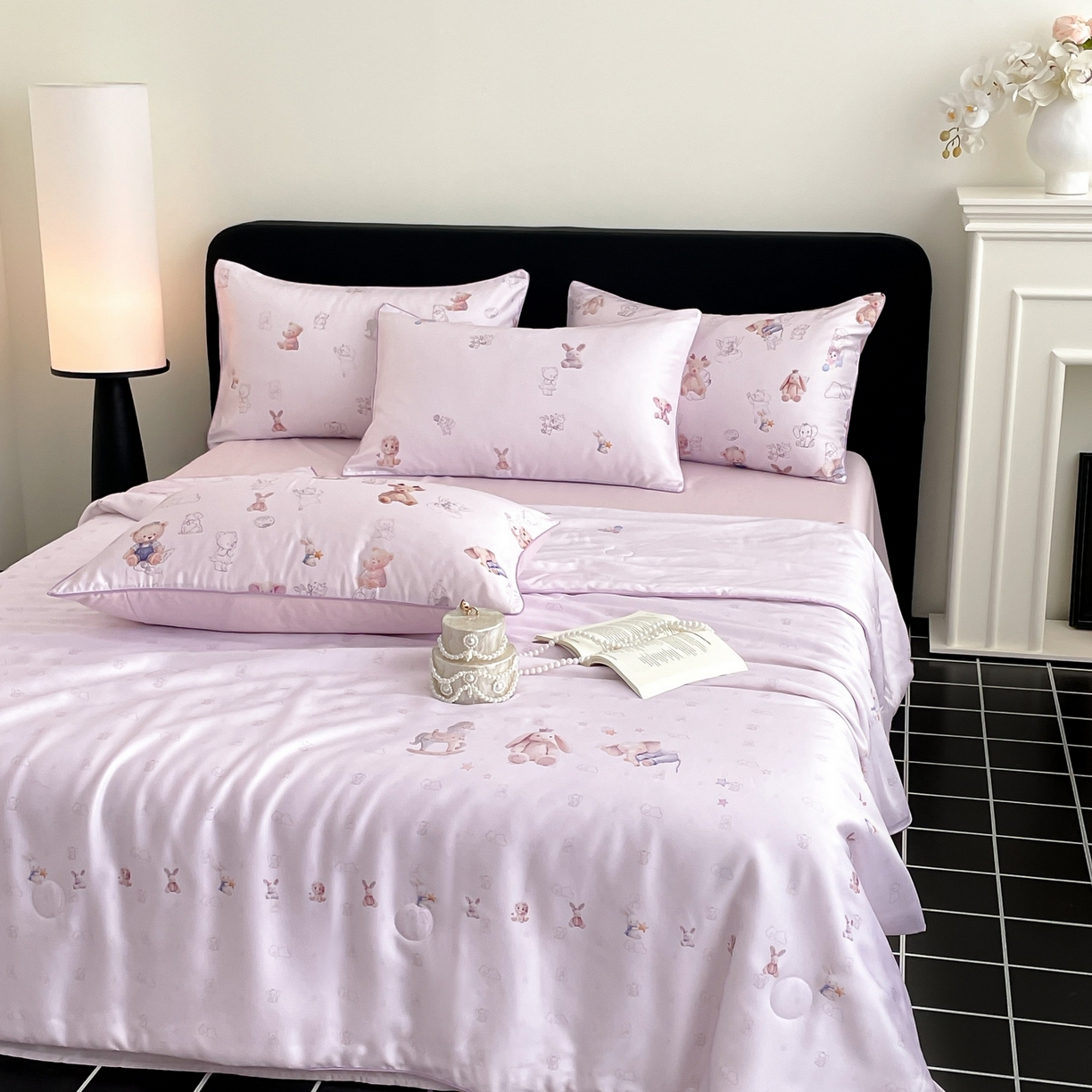 91家纺网 家纺一手货源 找家纺 慕晨 2026新款莱赛尔数码印高级简奢卡通大版印花丝滑夏被四件套 木马象--紫