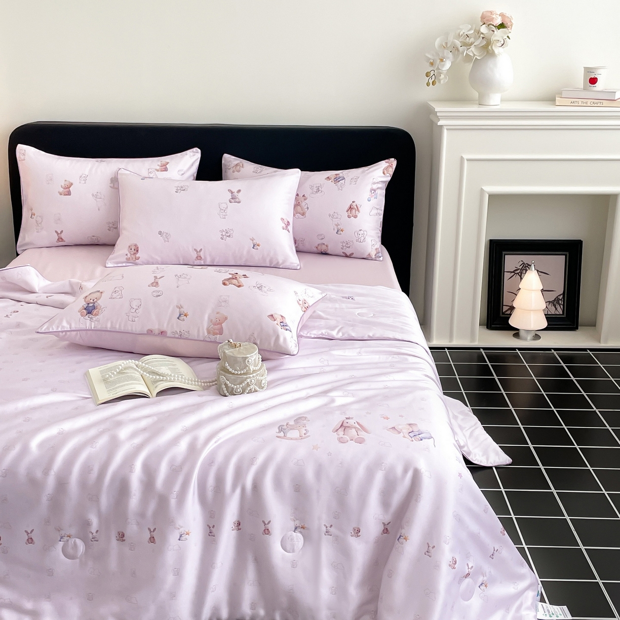 91家纺网 家纺一手货源 找家纺 慕晨 2026新款莱赛尔数码印高级简奢卡通大版印花丝滑夏被四件套 木马象--紫