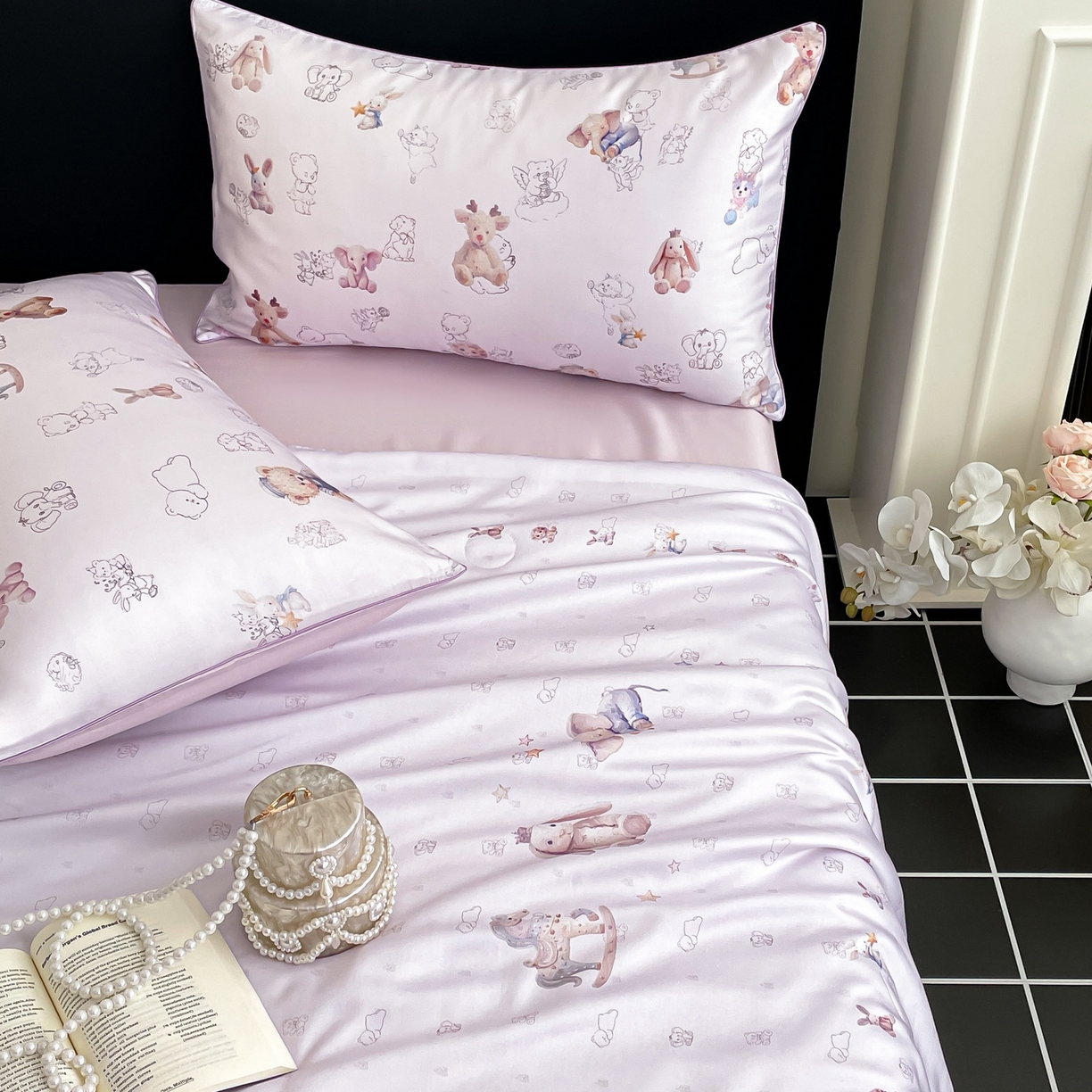 91家纺网 家纺一手货源 找家纺 慕晨 2026新款莱赛尔数码印高级简奢卡通大版印花丝滑夏被四件套 木马象--紫