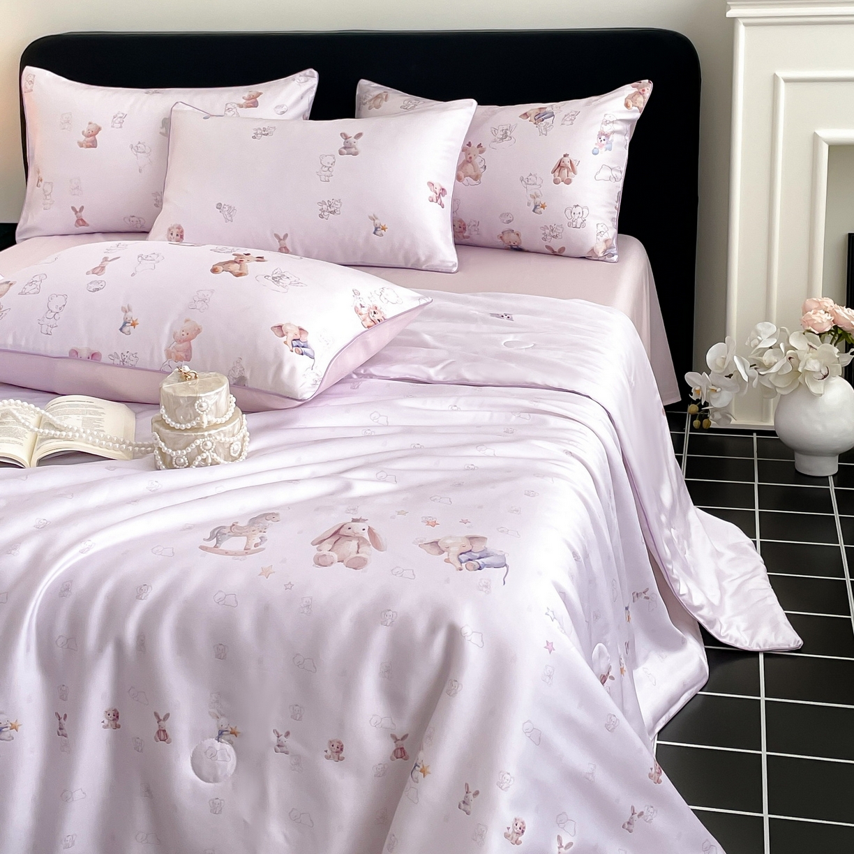 91家纺网 家纺一手货源 找家纺 慕晨 2026新款莱赛尔数码印高级简奢卡通大版印花丝滑夏被四件套 木马象--紫