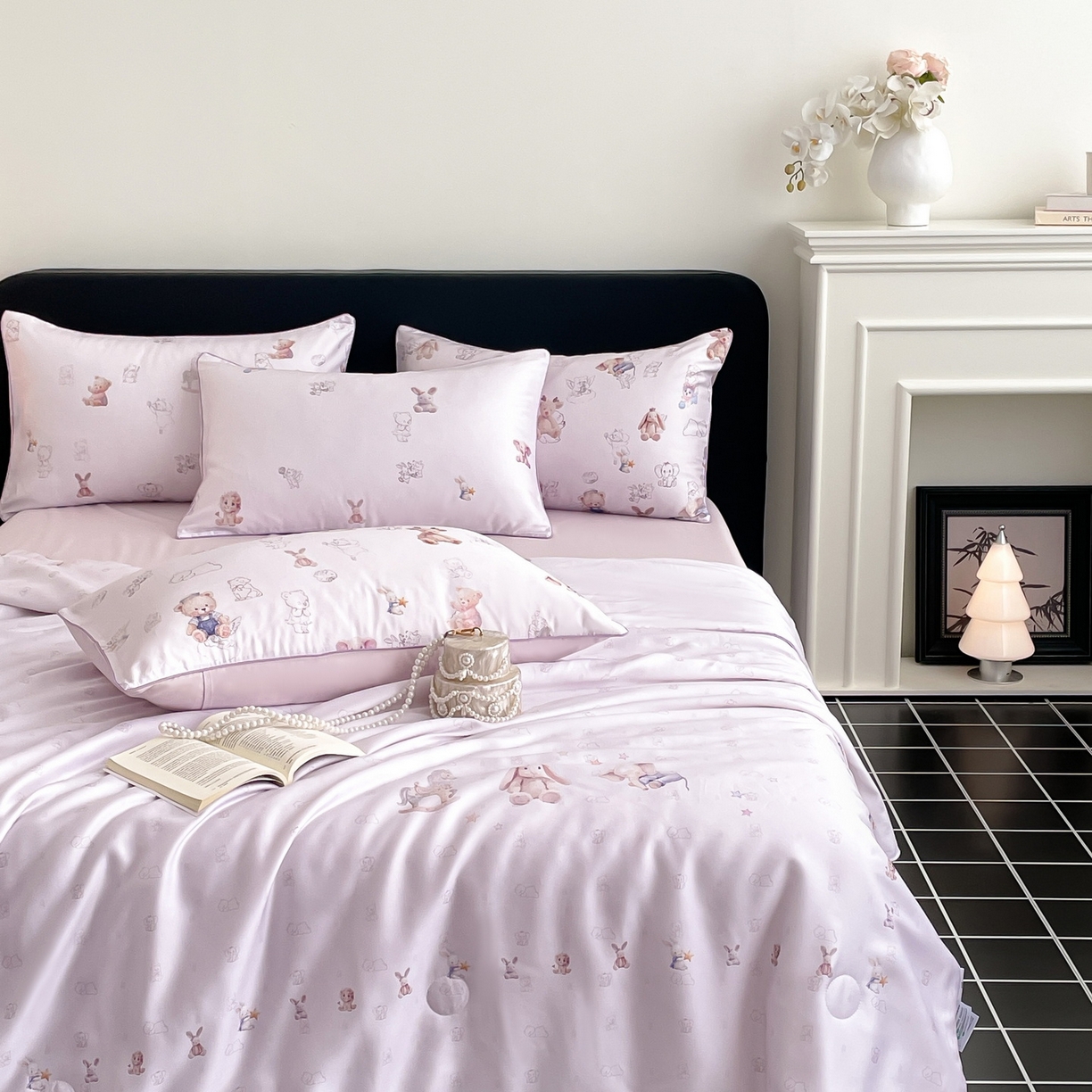 91家纺网 家纺一手货源 找家纺 慕晨 2026新款莱赛尔数码印高级简奢卡通大版印花丝滑夏被四件套 木马象--紫