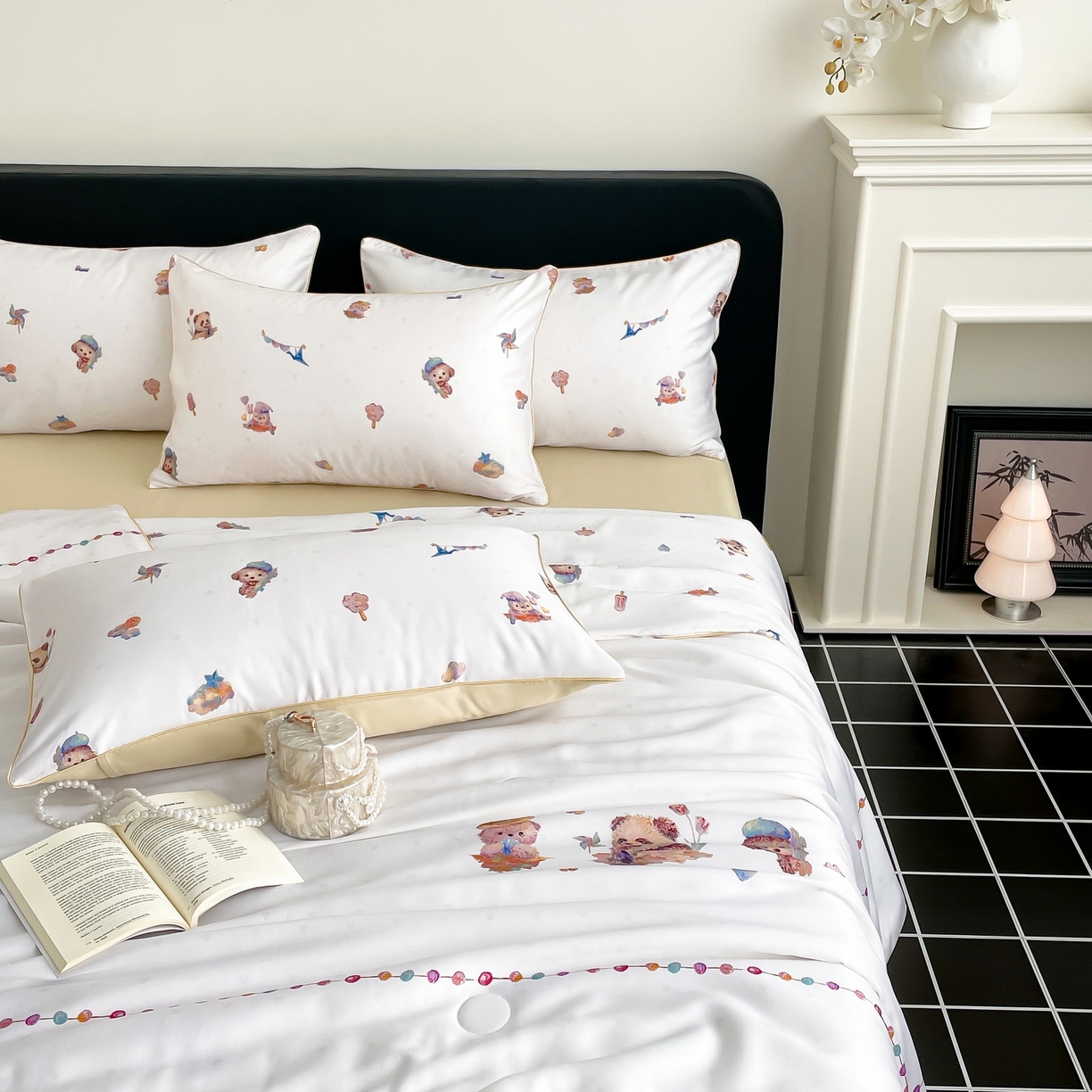 慕晨 2026新款莱赛尔数码印高级简奢卡通大版印花丝滑夏被四件套 三只熊--米白