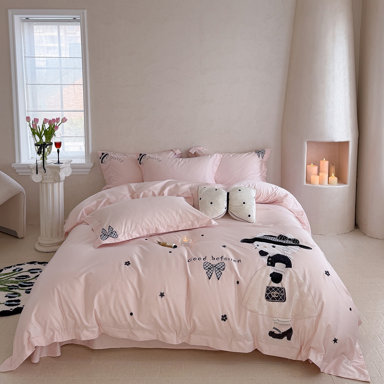 优悦生活馆 2026新款全棉贴布绣四件套-喵喵小香风 喵喵小香风-粉