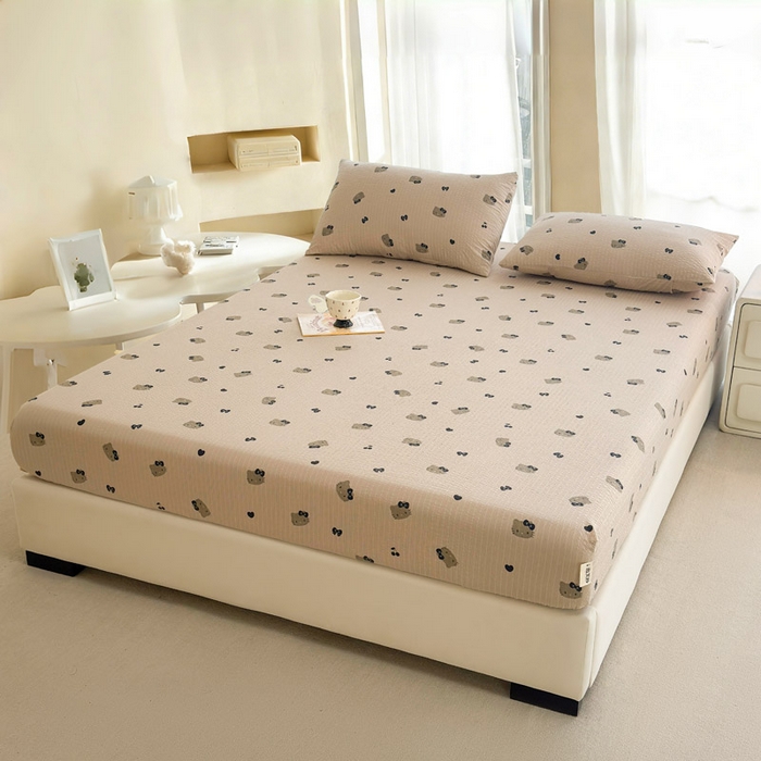 91家纺网 家纺一手货源 找家纺 几禾 2026新款高克重泡芙纱~印花款（单床笠）浅糯系列-110g CL浅糯-咖啡小猫