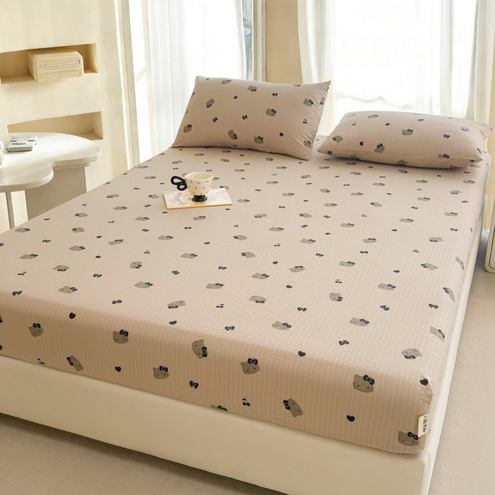 91家纺网 家纺一手货源 找家纺 几禾 2026新款高克重泡芙纱~印花款（单床笠）浅糯系列-110g CL浅糯-咖啡小猫