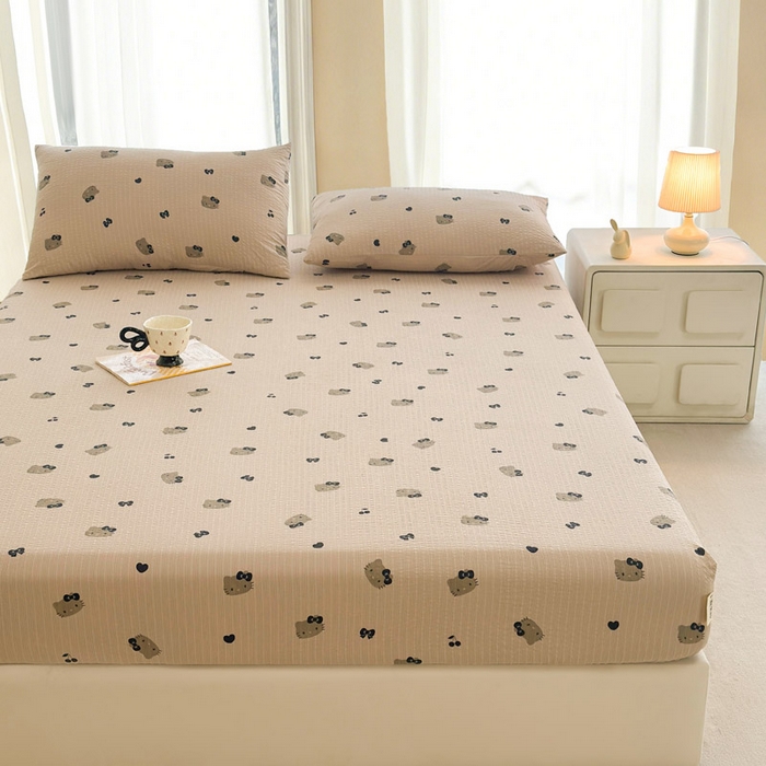 91家纺网 家纺一手货源 找家纺 几禾 2026新款高克重泡芙纱~印花款（单床笠）浅糯系列-110g CL浅糯-咖啡小猫