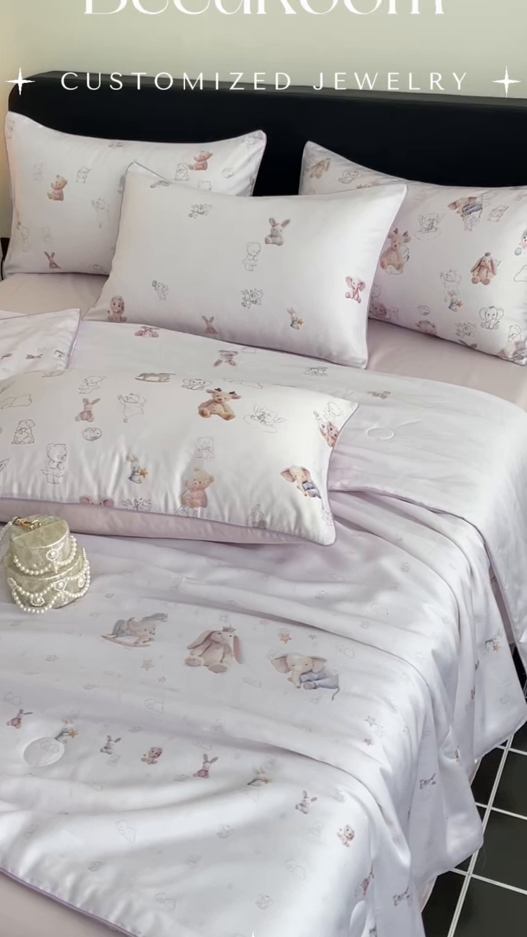 91家纺网 家纺一手货源 找家纺 慕晨 2026新款莱赛尔数码印高级简奢卡通大版印花丝滑夏被四件套 木马象--紫