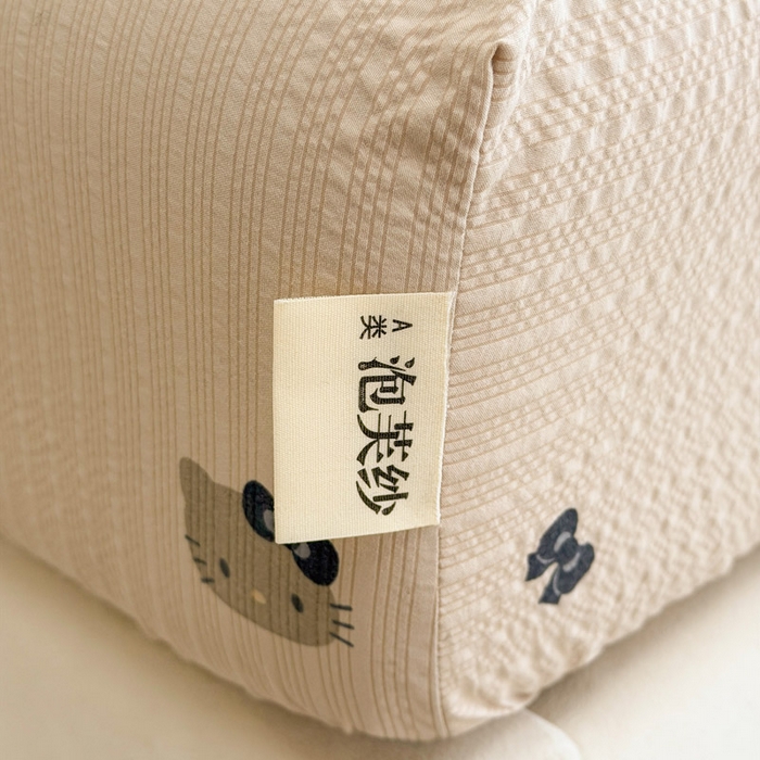 91家纺网 家纺一手货源 找家纺 几禾 2026新款高克重泡芙纱~印花款（单床笠）浅糯系列-110g CL浅糯-咖啡小猫