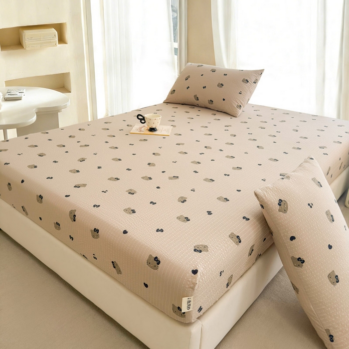 91家纺网 家纺一手货源 找家纺 几禾 2026新款高克重泡芙纱~印花款（单床笠）浅糯系列-110g CL浅糯-咖啡小猫