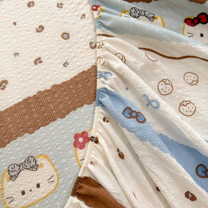 91家纺网 家纺一手货源 找家纺 几禾 2026新款高克重泡芙纱~印花款（单床笠）浅糯系列-110g CL浅糯-可可小猫条