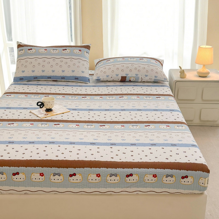 91家纺网 家纺一手货源 找家纺 几禾 2026新款高克重泡芙纱~印花款（单床笠）浅糯系列-110g CL浅糯-可可小猫条