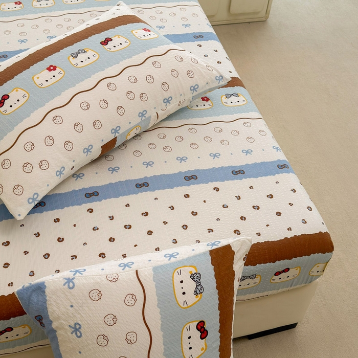 91家纺网 家纺一手货源 找家纺 几禾 2026新款高克重泡芙纱~印花款（单床笠）浅糯系列-110g CL浅糯-可可小猫条