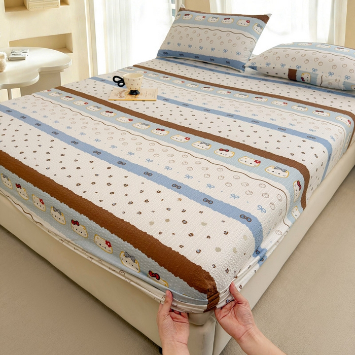 91家纺网 家纺一手货源 找家纺 几禾 2026新款高克重泡芙纱~印花款（单床笠）浅糯系列-110g CL浅糯-可可小猫条