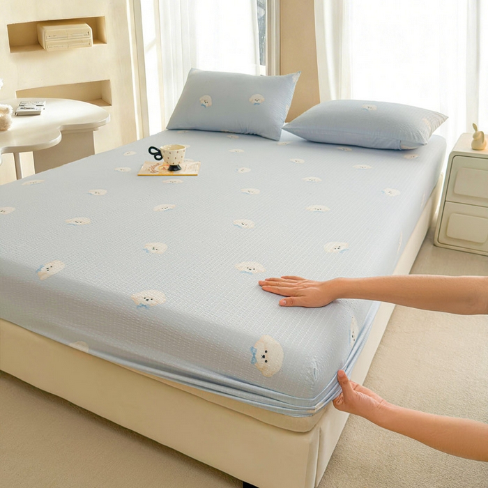 几禾 2026新款高克重泡芙纱~印花款（单床笠）浅糯系列-110g CL浅糯-蓝领结狗