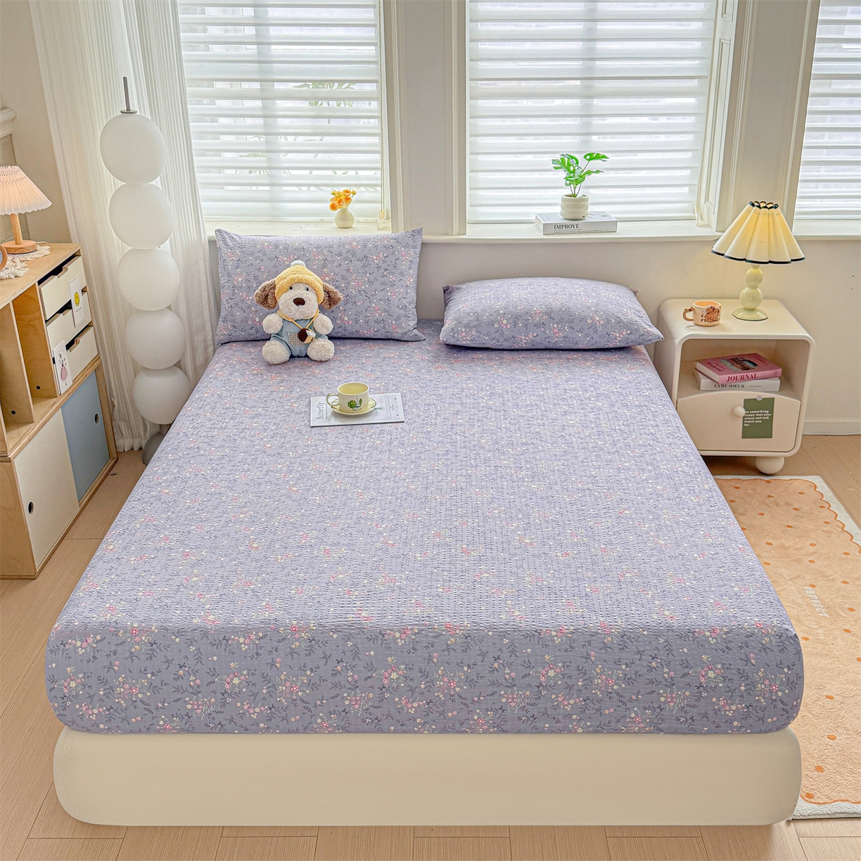 91家纺网 家纺一手货源 找家纺 女子家纺 2026新款亲肤泡芙纱印花床笠单床笠床笠单件 柔紫碎花