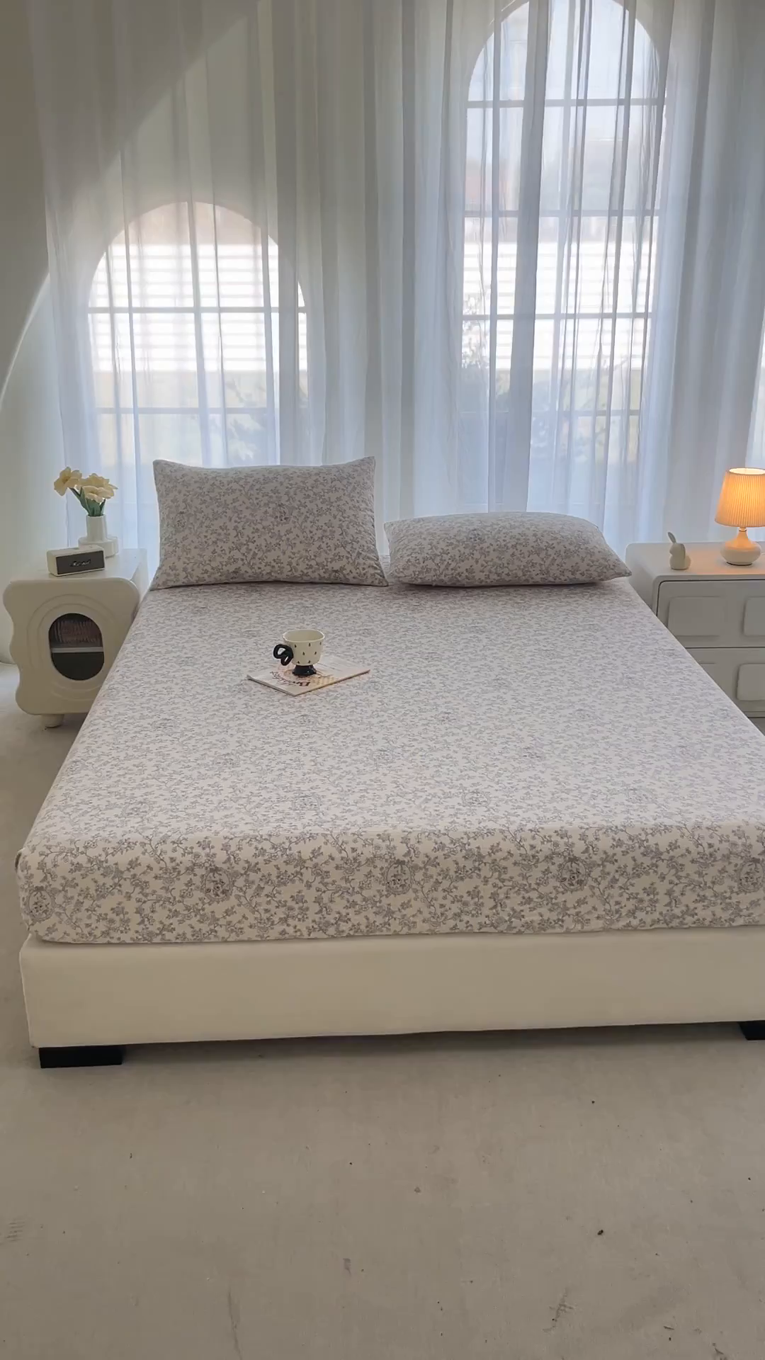 91家纺网 家纺一手货源 找家纺 几禾 2026新款高克重泡芙纱~印花款（单床笠）浅糯系列-110g CL浅糯-蕾丝花匣