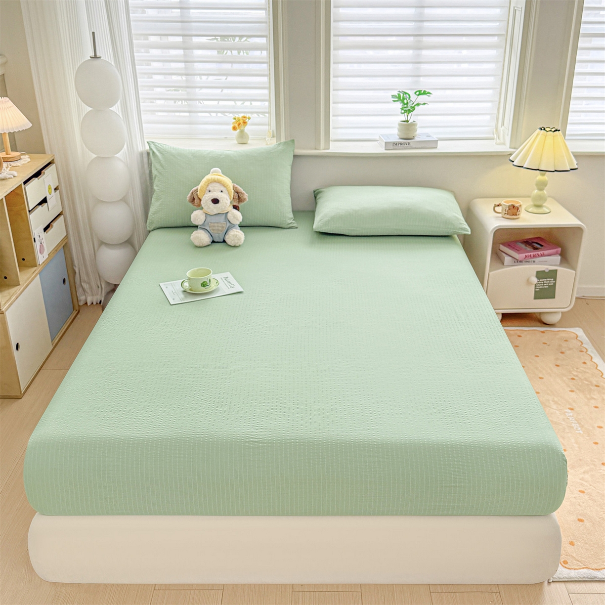 91家纺网 家纺一手货源 找家纺 女子家纺 2026新款亲肤泡芙纱印花床笠单床笠床笠单件 森林绿