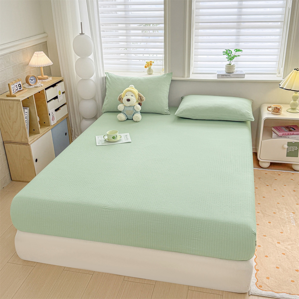 91家纺网 家纺一手货源 找家纺 女子家纺 2026新款亲肤泡芙纱印花床笠单床笠床笠单件 森林绿