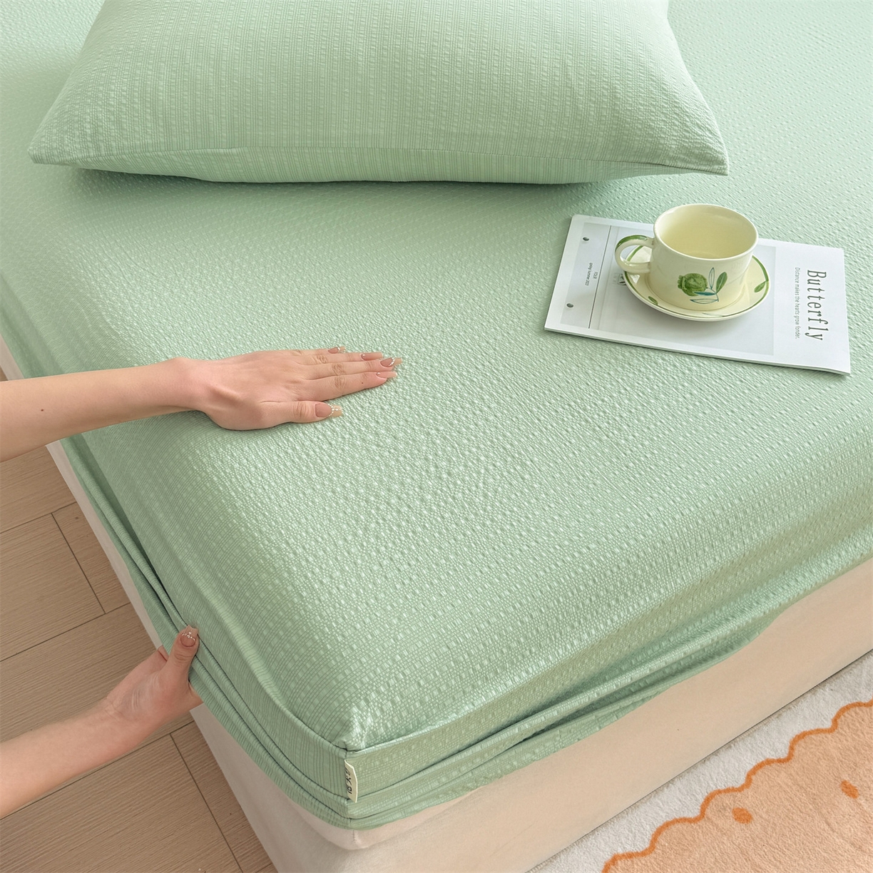 91家纺网 家纺一手货源 找家纺 女子家纺 2026新款亲肤泡芙纱印花床笠单床笠床笠单件 森林绿