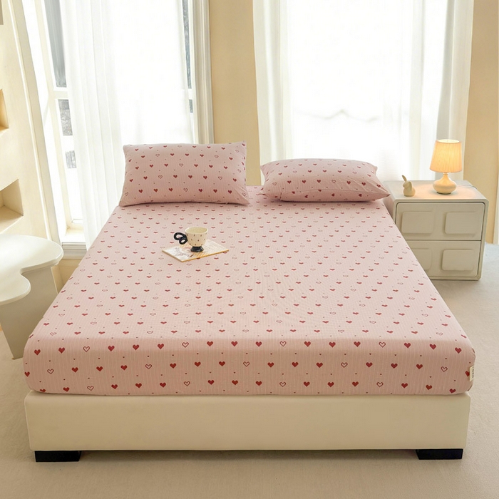 91家纺网 家纺一手货源 找家纺 几禾 2026新款高克重泡芙纱~印花款（单床笠）浅糯系列-110g CL浅糯-朦胧粉心