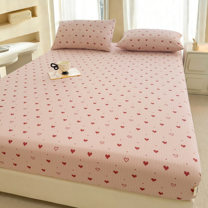 91家纺网 家纺一手货源 找家纺 几禾 2026新款高克重泡芙纱~印花款（单床笠）浅糯系列-110g CL浅糯-朦胧粉心