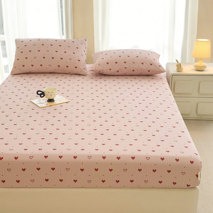 91家纺网 家纺一手货源 找家纺 几禾 2026新款高克重泡芙纱~印花款（单床笠）浅糯系列-110g CL浅糯-朦胧粉心