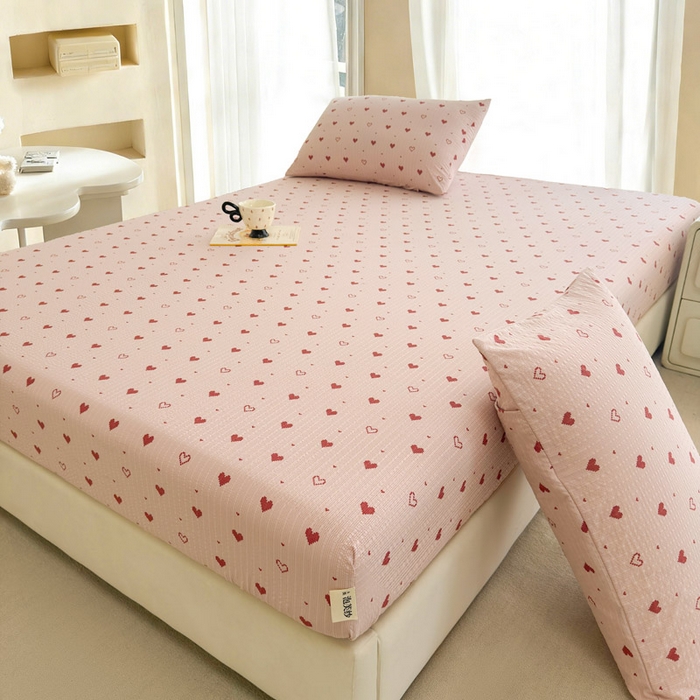 91家纺网 家纺一手货源 找家纺 几禾 2026新款高克重泡芙纱~印花款（单床笠）浅糯系列-110g CL浅糯-朦胧粉心