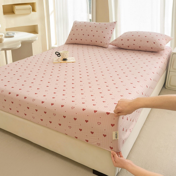 91家纺网 家纺一手货源 找家纺 几禾 2026新款高克重泡芙纱~印花款（单床笠）浅糯系列-110g CL浅糯-朦胧粉心