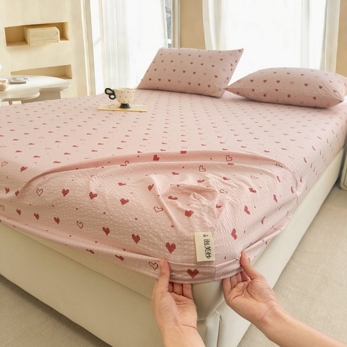 91家纺网 家纺一手货源 找家纺 几禾 2026新款高克重泡芙纱~印花款（单床笠）浅糯系列-110g CL浅糯-朦胧粉心