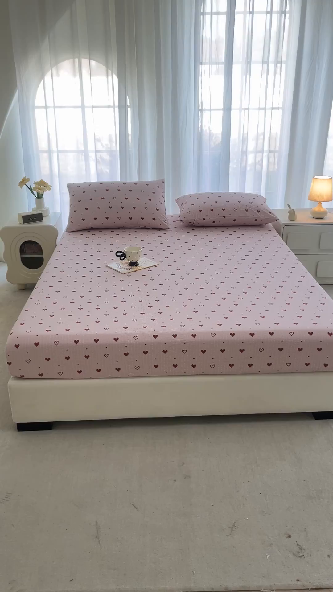 91家纺网 家纺一手货源 找家纺 几禾 2026新款高克重泡芙纱~印花款（单床笠）浅糯系列-110g CL浅糯-朦胧粉心