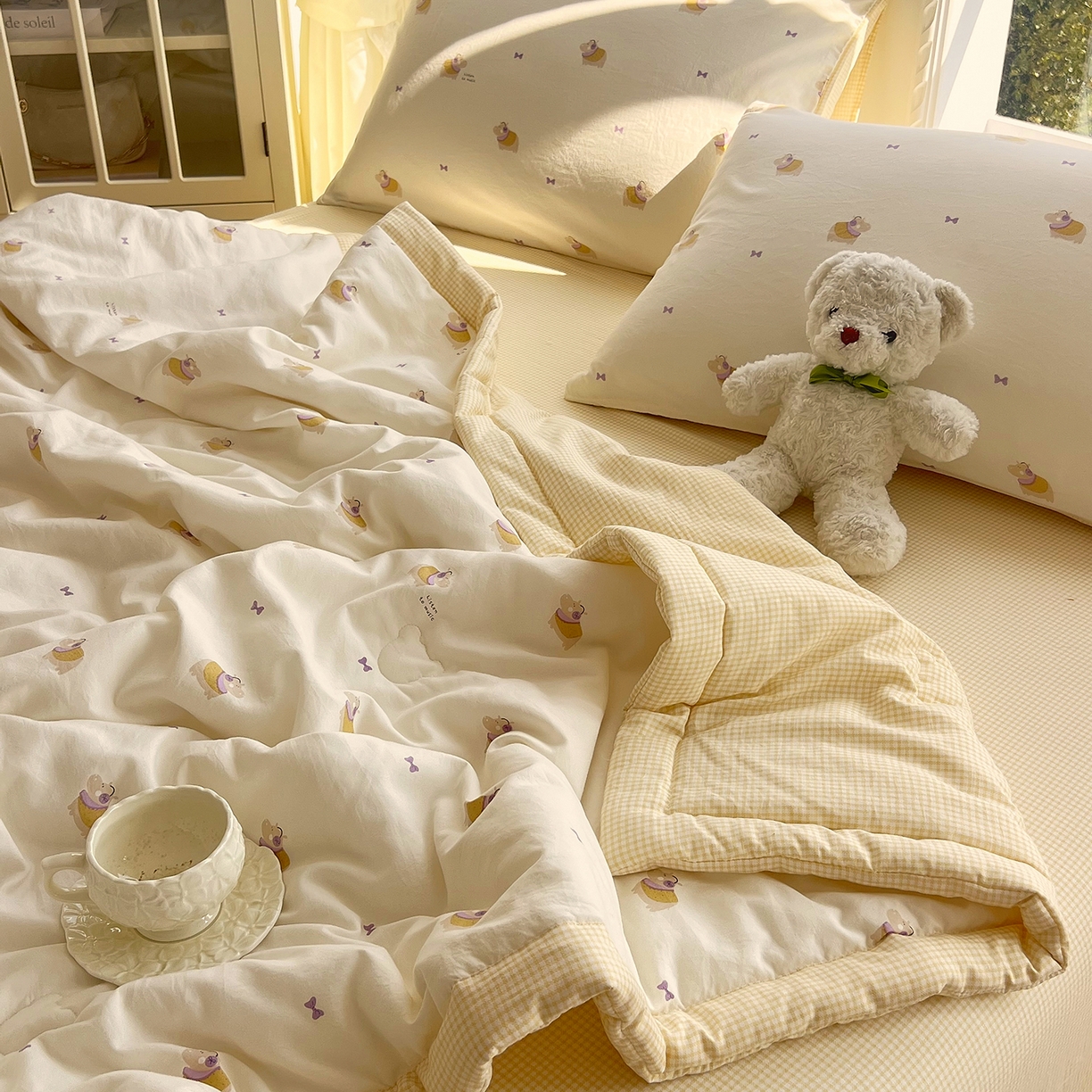 91家纺网 家纺一手货源 找家纺 梵克保罗 2026春夏新款抗菌亲肤棉田园碎花格子单夏被夏被四件套空调被 奶黄河马