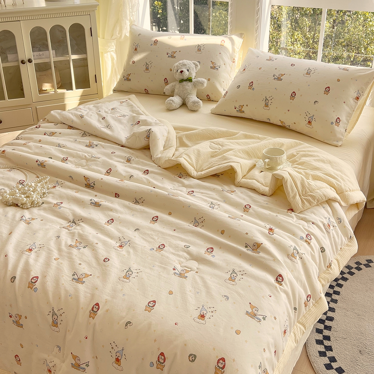 91家纺网 家纺一手货源 找家纺 梵克保罗 2026春夏新款抗菌亲肤棉田园碎花格子单夏被夏被四件套空调被 黄格星趣