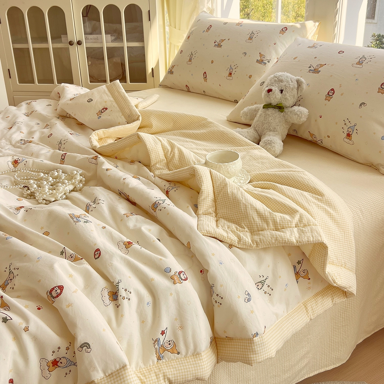 91家纺网 家纺一手货源 找家纺 梵克保罗 2026春夏新款抗菌亲肤棉田园碎花格子单夏被夏被四件套空调被 黄格星趣